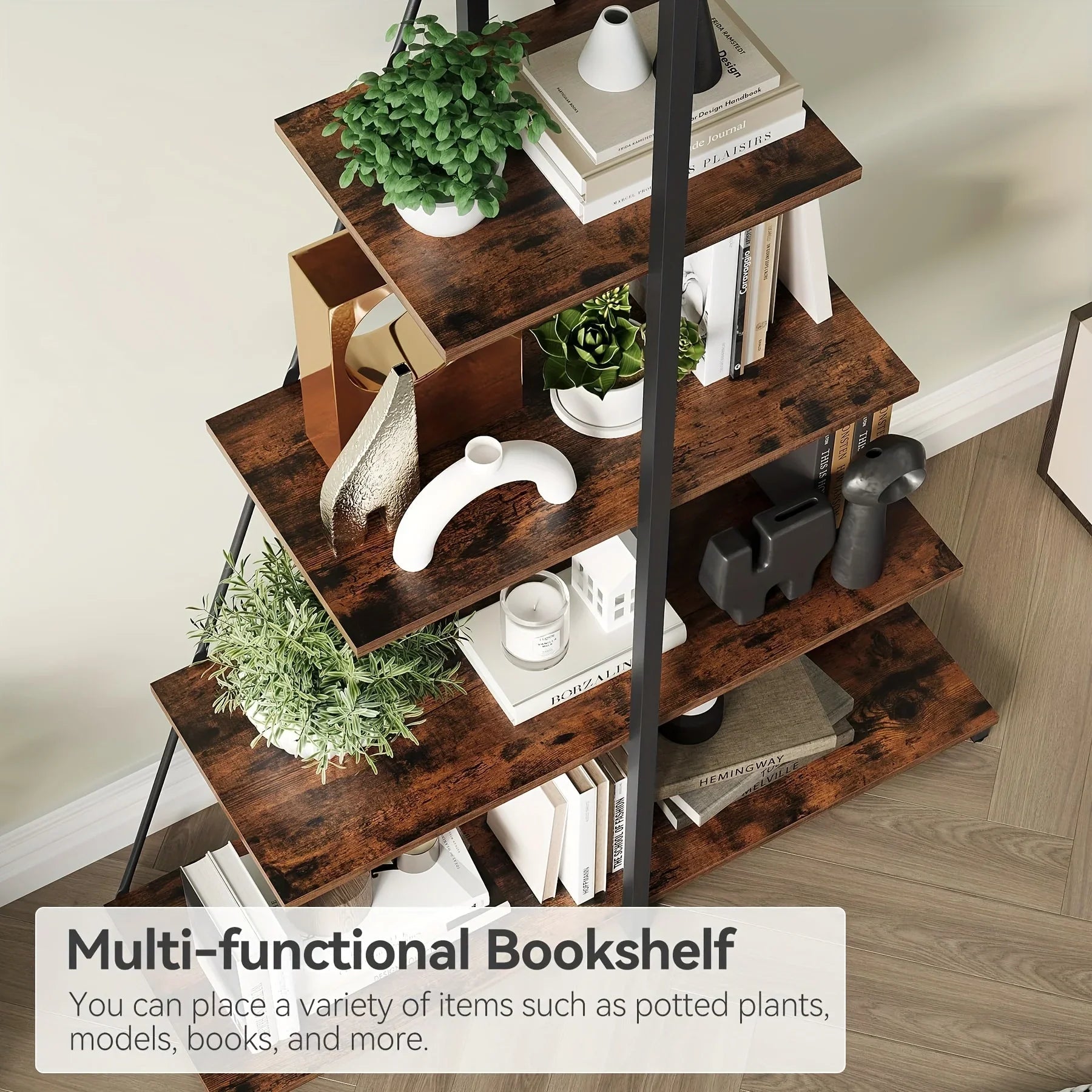 LIZHOUMIL 4-Tier Modern Boat-Shaped Bookshelf - Space-Saving Narrow Wooden & Metal Storage Shelf Organizer with Sturdy PB Board, Black Home Decor for Living Room, Bedroom, Office, Bookshelf Furniture, Bedroom Bookshelf, Conte