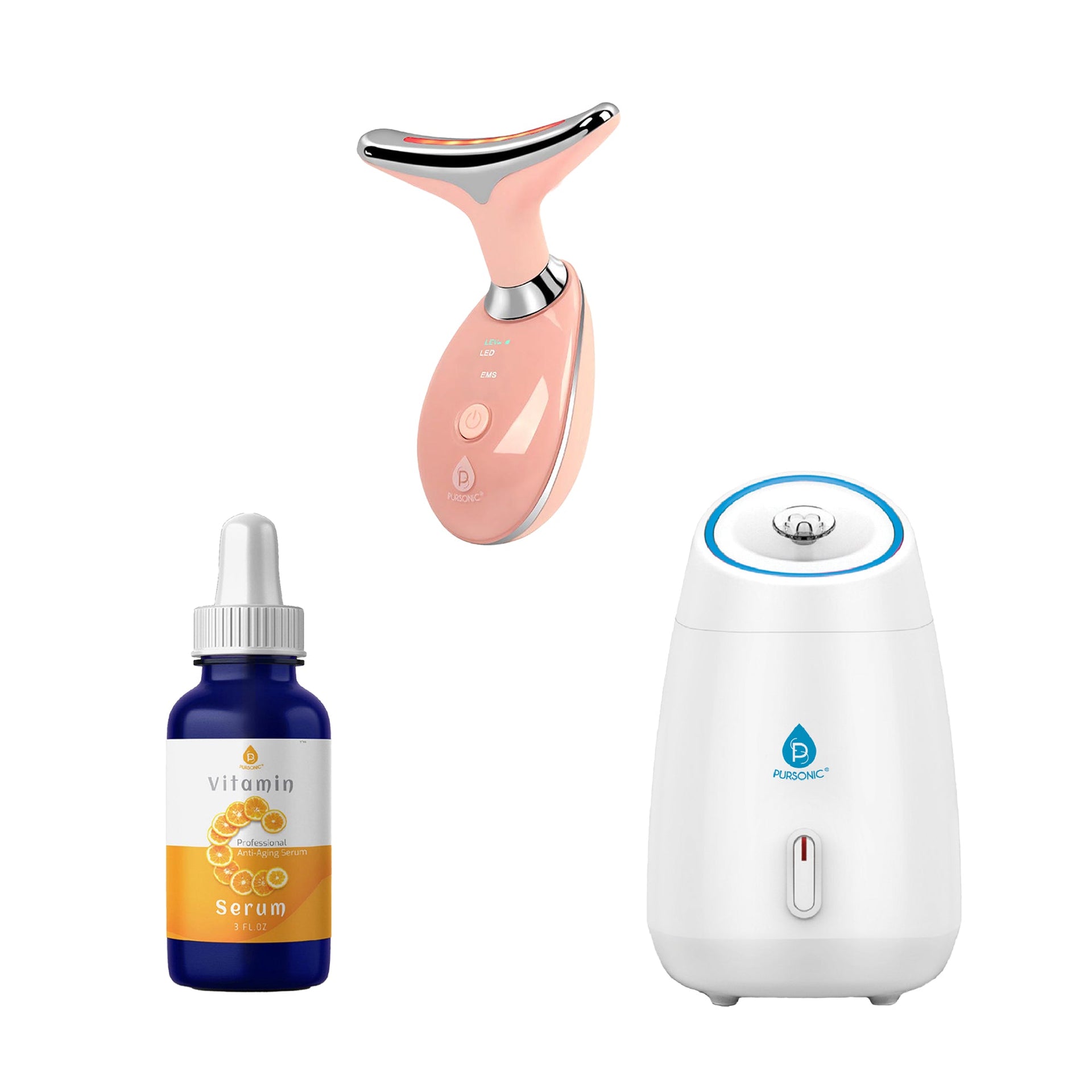 Glow & Renew Skincare Bundle: Facial Steamer, 7-in-1 LED Light Therapy Device & Vitamin C 20% Serum