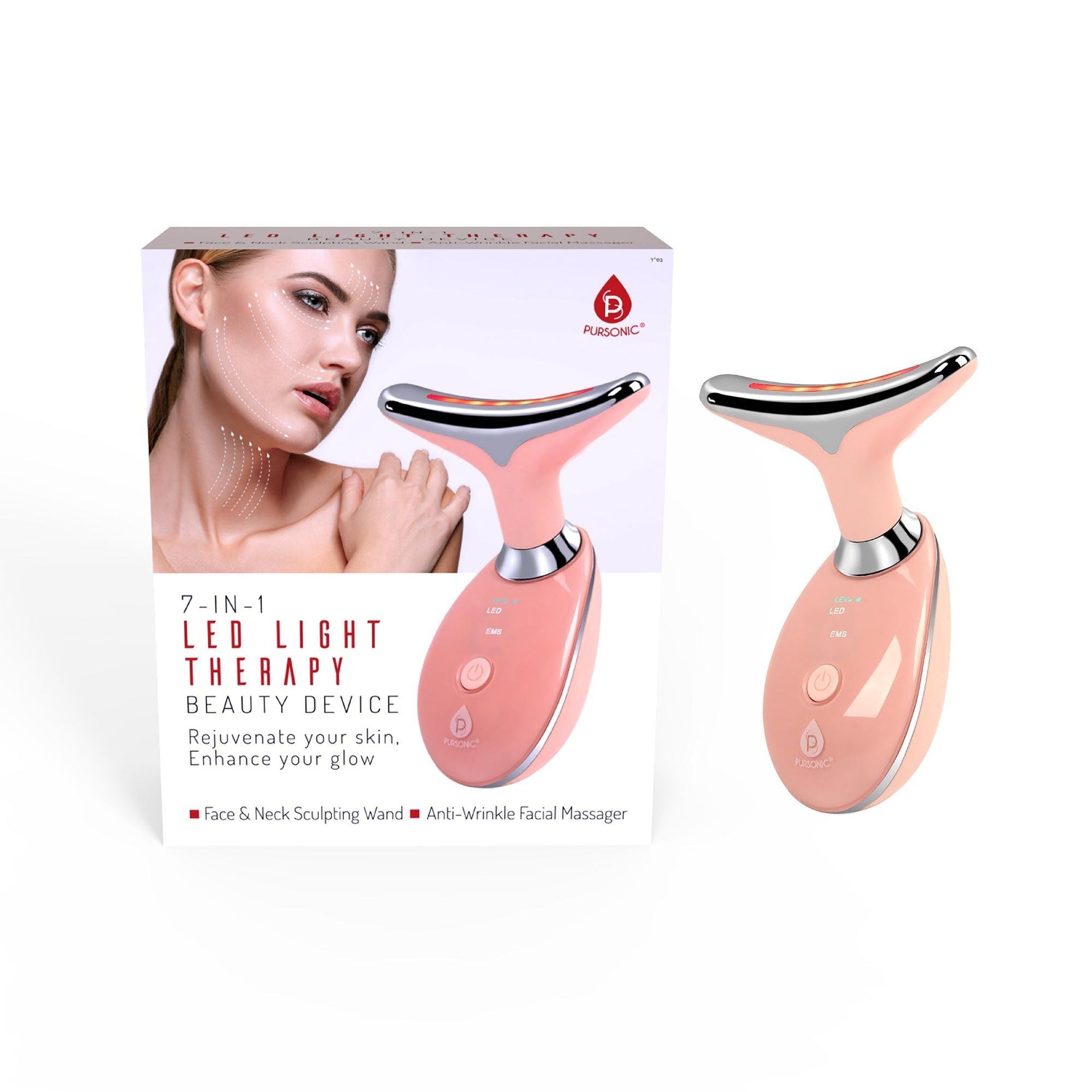 Pursonic 7-in-1 LED Light Therapy Beauty Device - Red Light Therapy Face & Neck Sculpting Wand Pursonic