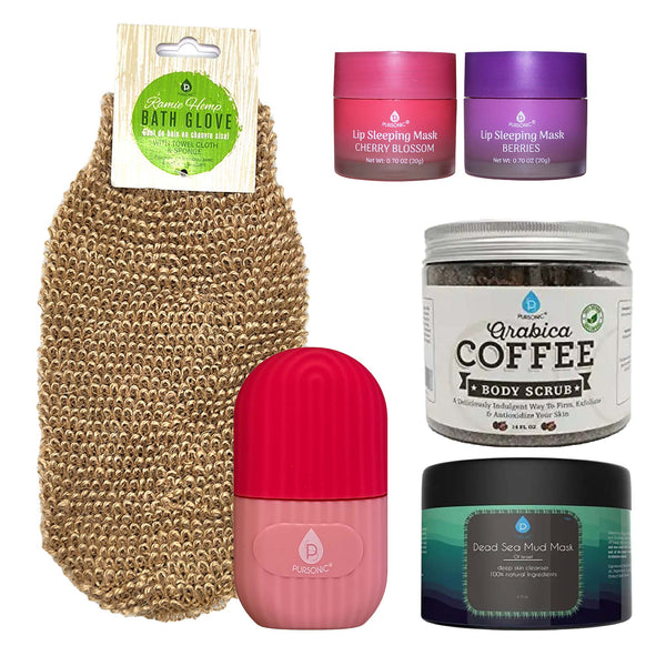 Self Care Night Bundle: Lip Masks, Dead Sea Mud Mask, Ice Roller, Bath Glove & Coffee Scrub Pursonic