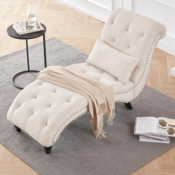 Cream Beige Linen Upholstered Armless Chaise Lounge Chair with Pillow