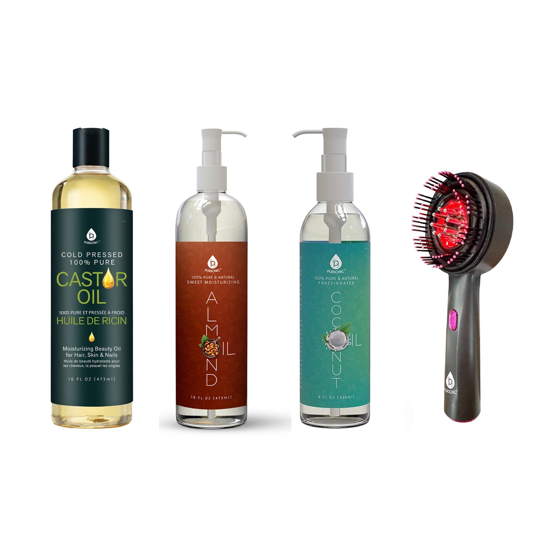 The Ultimate Hair & Skin Restoration Bundle: LED Therapy Brush, Castor Oil, Sweet Almond Oil, & Fractionated Coconut Oil