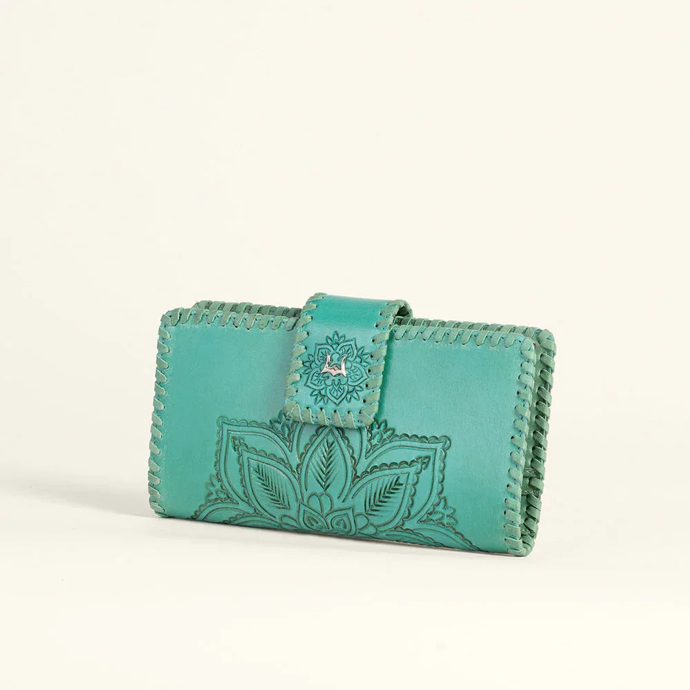Loyal West Desert Lotus Wallet  - Turquoise  Handtooled Leather & Calfskin