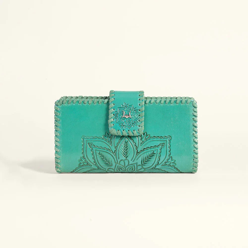 Loyal West Desert Lotus Wallet  - Turquoise  Handtooled Leather & Calfskin