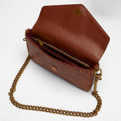 Loyal West LW ON THE GO MINI CHAIN BAG IN HAND FINISHED EMBOSSED LEATHER - BROWN