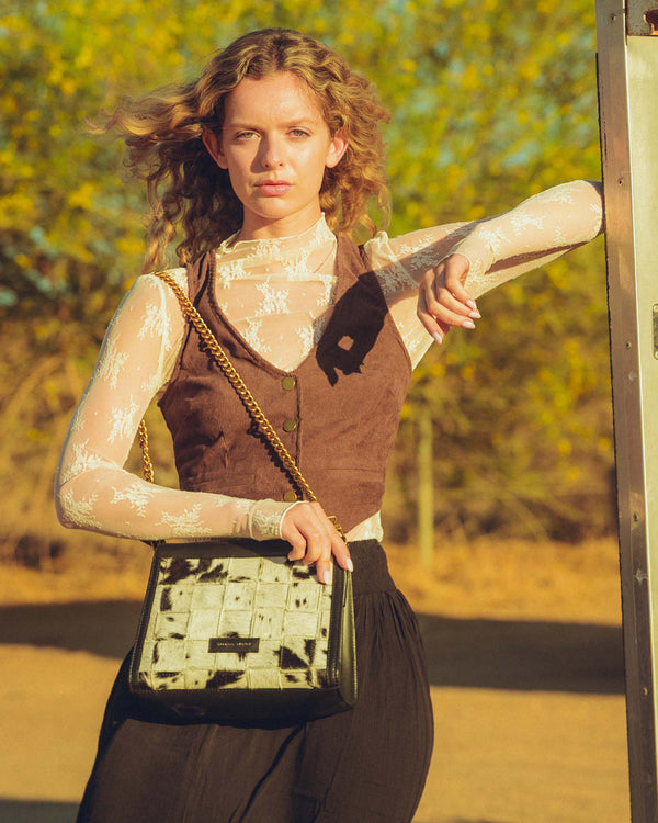 Loyal West SCRAPPY MEDIUM CHAIN BAG IN COWHIDE AND BLACK CALFSKIN