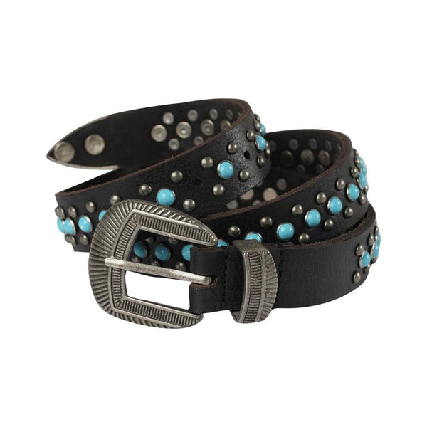 Midnight Ranger Western Leather Belt - Calfskin with Turquoise Stones
