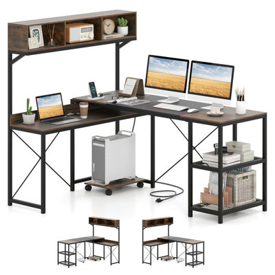 L-Shaped Computer Desk with Power Outlets 62 Inches Corner Desk with Storage Hutch-Brown