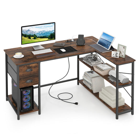 L Shaped Desk with Charging Station Corner Computer Desk with 2 Fabric Drawers-Rustic Brown