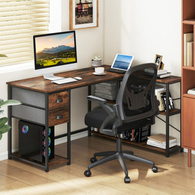 L Shaped Desk with Charging Station Corner Computer Desk with 2 Fabric Drawers-Rustic Brown
