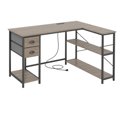 L Shaped Desk with Charging Station Corner Computer Desk with 2 Fabric Drawers-Oak
