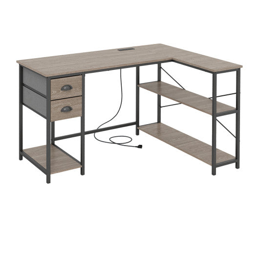 L Shaped Desk with Charging Station Corner Computer Desk with 2 Fabric Drawers-Oak