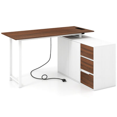 L-Shaped Desk with File Cabinet and Power Outlet Reversible Corner Computer Desk-White