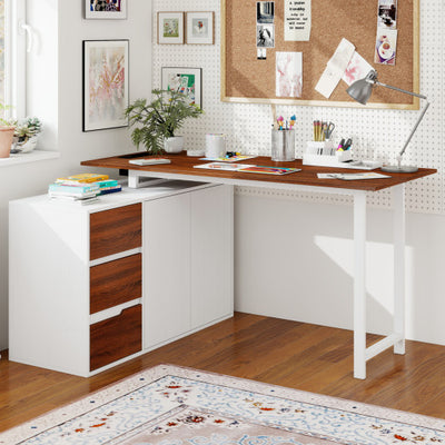 L-Shaped Desk with File Cabinet and Power Outlet Reversible Corner Computer Desk-White