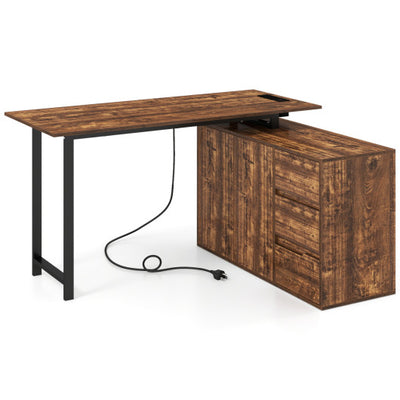 L-Shaped Desk with File Cabinet and Power Outlet Reversible Corner Computer Desk-Rustic Brown