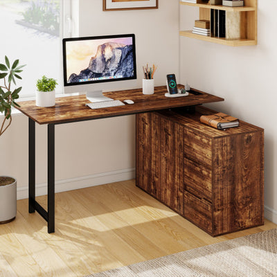 L-Shaped Desk with File Cabinet and Power Outlet Reversible Corner Computer Desk-Rustic Brown