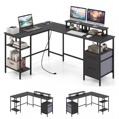 L Shaped Desk with Power Outlet Reversible Computer Desk with Monitor Stands-Black