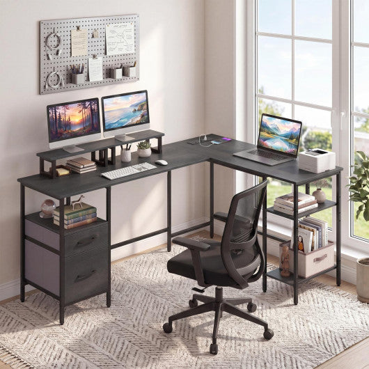L Shaped Desk with Power Outlet Reversible Computer Desk with Monitor Stands-Black