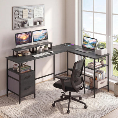 L Shaped Desk with Power Outlet Reversible Computer Desk with Monitor Stands-Black