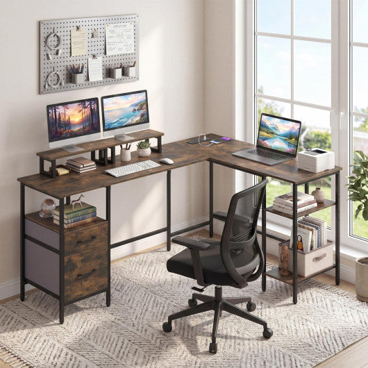 L Shaped Desk with Power Outlet Reversible Computer Desk with Monitor Stands-Rustic Brown