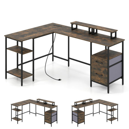 L Shaped Desk with Power Outlet Reversible Computer Desk with Monitor Stands-Rustic Brown