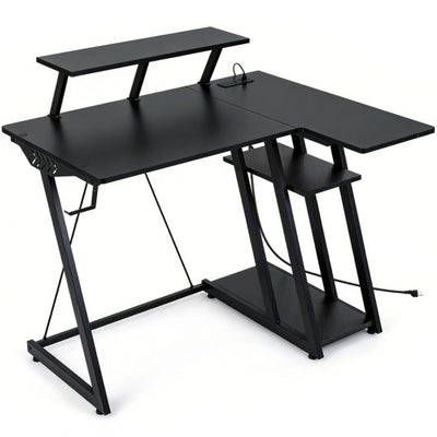 L Shaped Gaming Desk with Outlets and USB Ports-Black
