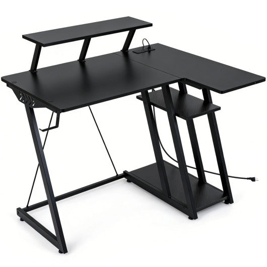 L Shaped Gaming Desk with Outlets and USB Ports-Black