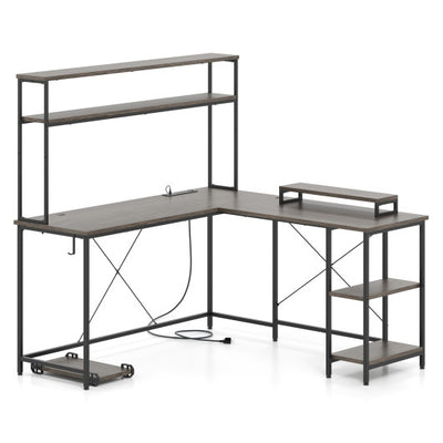 L-Shaped Reversible Gaming Desk with LED Strip and Power Outlets Hutch Monitor Stand-Gray