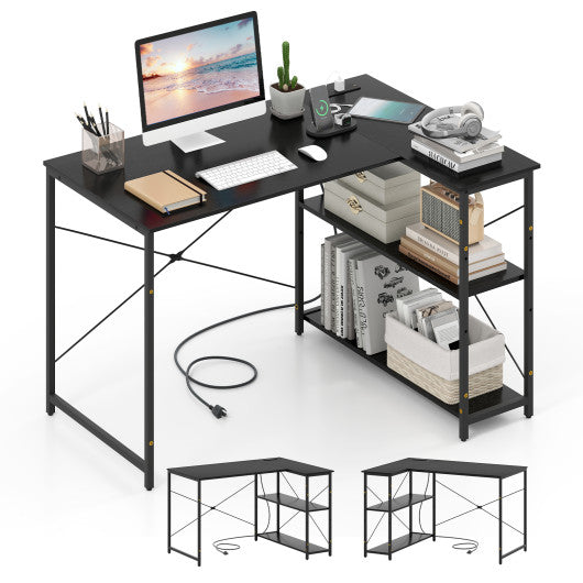 L-shaped 47 Inch Reversible Corner Desk with Adjustable Storage Shelves-Black