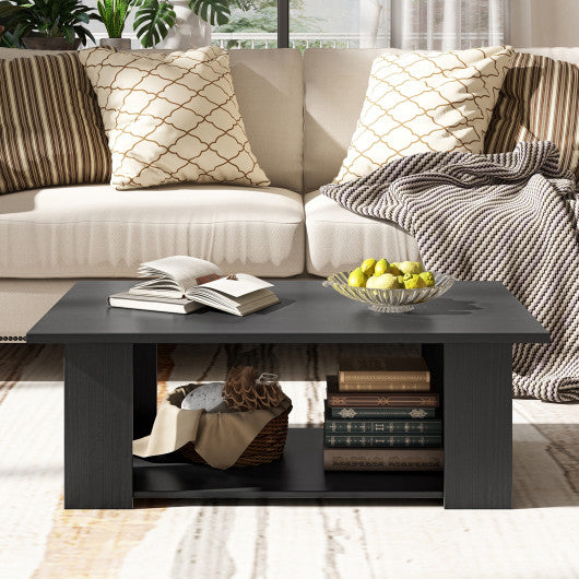 Large 36/41 Inch 2-tier Wooden Modern Coffee Table with Storage Shelf-Black
