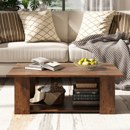 Large 36/41 Inch 2-tier Wooden Modern Coffee Table with Storage Shelf-Coffee