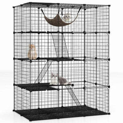 Large 4-Tier Cat Cage with Skylight and Hammock for 1-4 Cats-Black