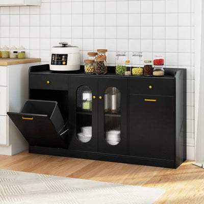 Large Buffet Cabinet Hidden Tilt Out Trash Can Cabinet with 2 Glass Doors-Black