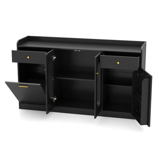 Large Buffet Cabinet Hidden Tilt Out Trash Can Cabinet with 2 Glass Doors-Black