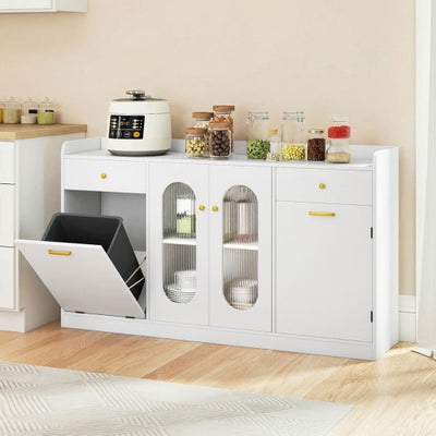 Large Buffet Cabinet Hidden Tilt Out Trash Can Cabinet with 2 Glass Doors-White
