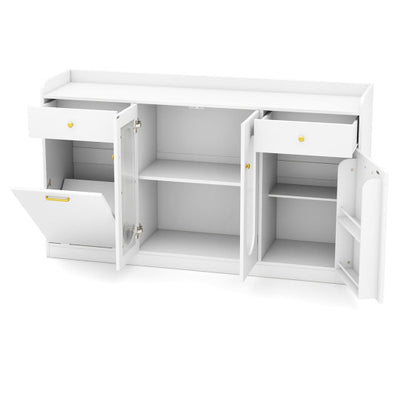 Large Buffet Cabinet Hidden Tilt Out Trash Can Cabinet with 2 Glass Doors-White