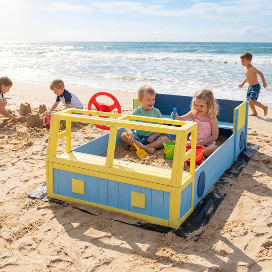 Large Car-Theme Sand Box with Bottom Liner and Fir Wood Frame-Blue