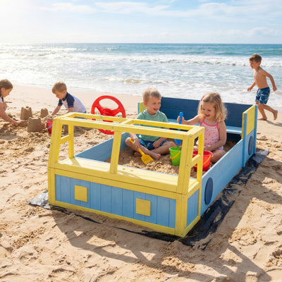Large Car-Theme Sand Box with Bottom Liner and Fir Wood Frame-Blue