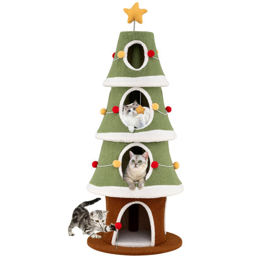 Large Christmas Cat Tree for Indoor Cats 61 Inch Cute Cat Tower with 4 Condos-Green