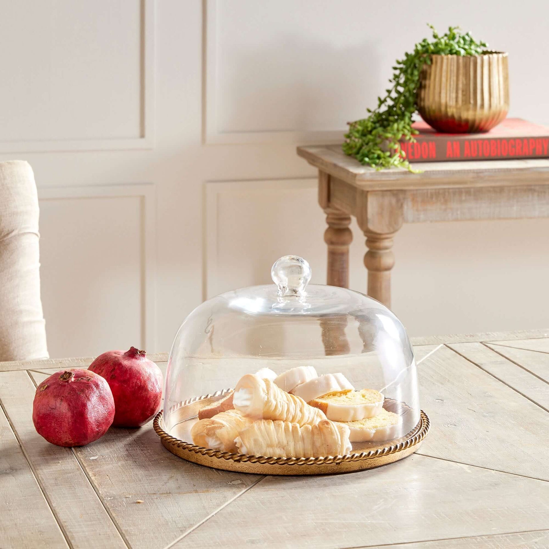 Large Vintage Glass Cloche with Gold Braided Tray