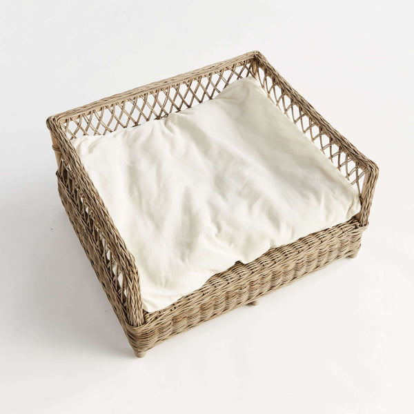 Large Vintage Woven Rattan Dog Bed with Cushion