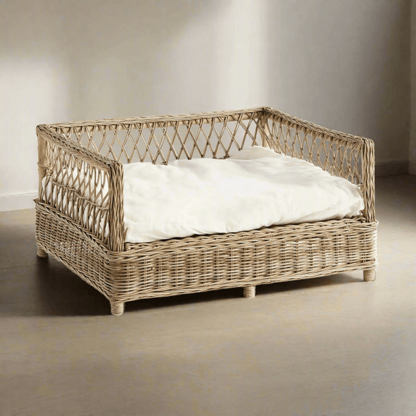 Large Vintage Woven Rattan Dog Bed with Cushion