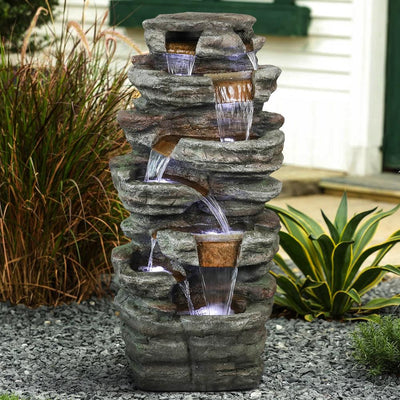 Resin Serpentine Slate Column Cascading Outdoor Fountain