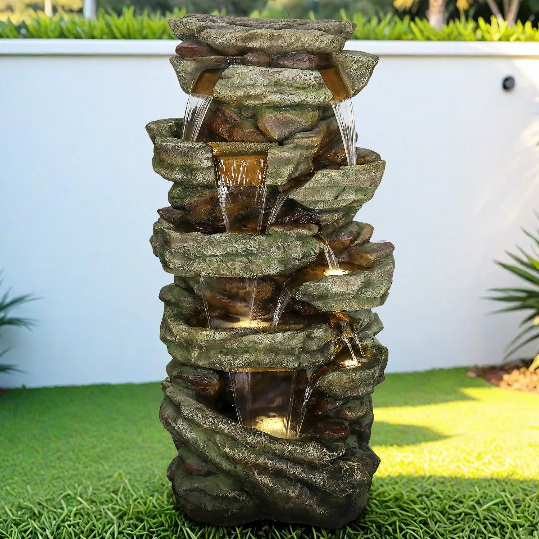 Resin Stacked Stone Rock Waterfall Outdoor Fountain with LED