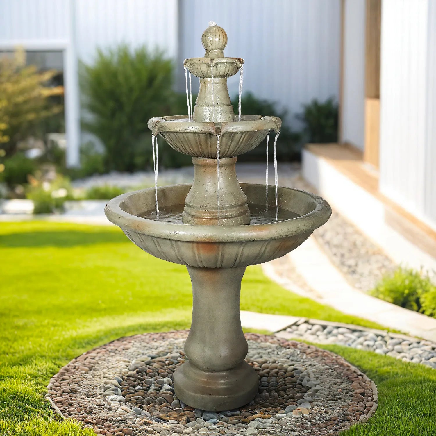 Concrete Fluted 3 Tier Outdoor Water Fountain 51 Inch