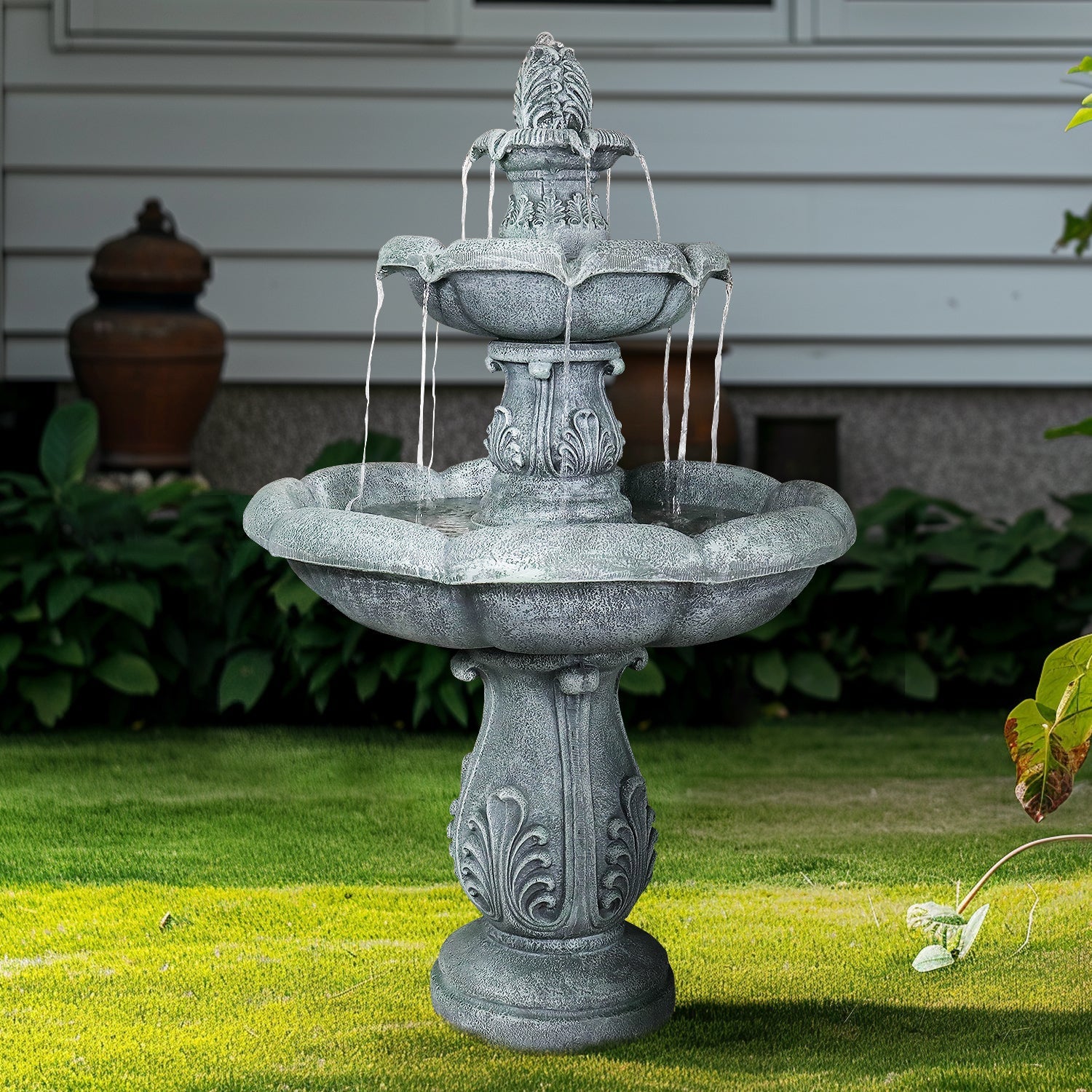 Concrete Pedestal Fountain Ornate 3 Tier Outdoor