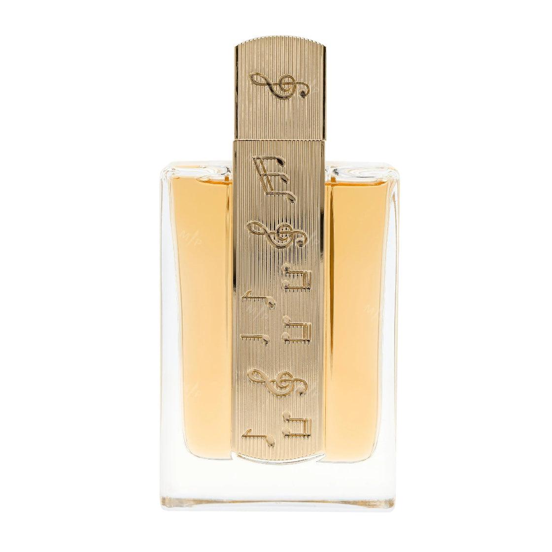 Lattafa Angham - Unisex Eau de Parfum Spray. Gold and beige perfume bottle with musical note design on a white background