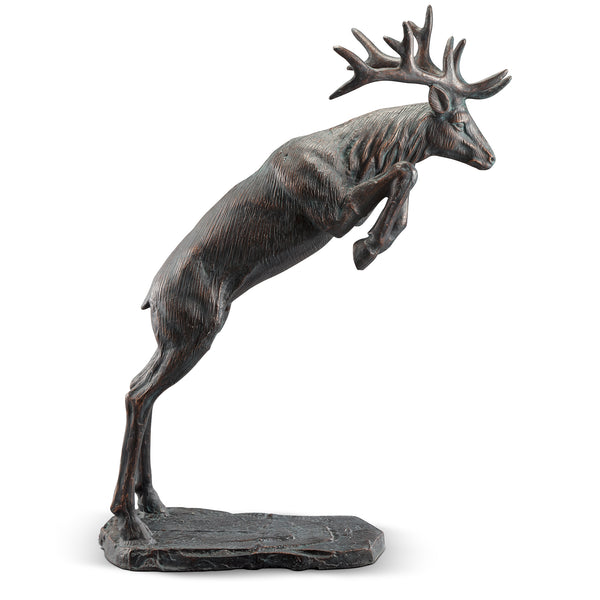 Bronze statue of a deer leaping on a white background