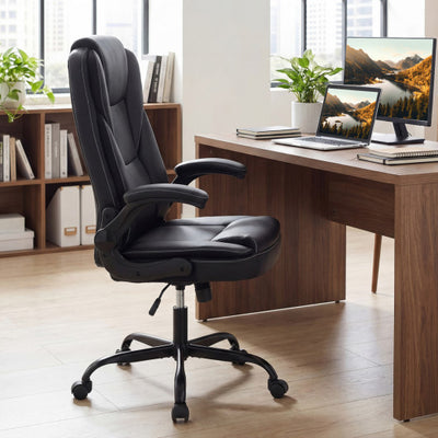 Leather Office Chair Ergonomic Computer Desk Chair with Flip-up Armrests Rocking Function-Black