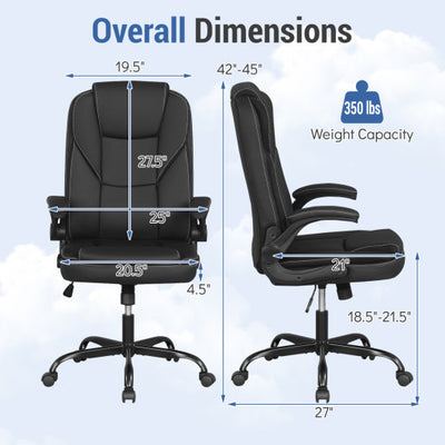 Leather Office Chair Ergonomic Computer Desk Chair with Flip-up Armrests Rocking Function-Black